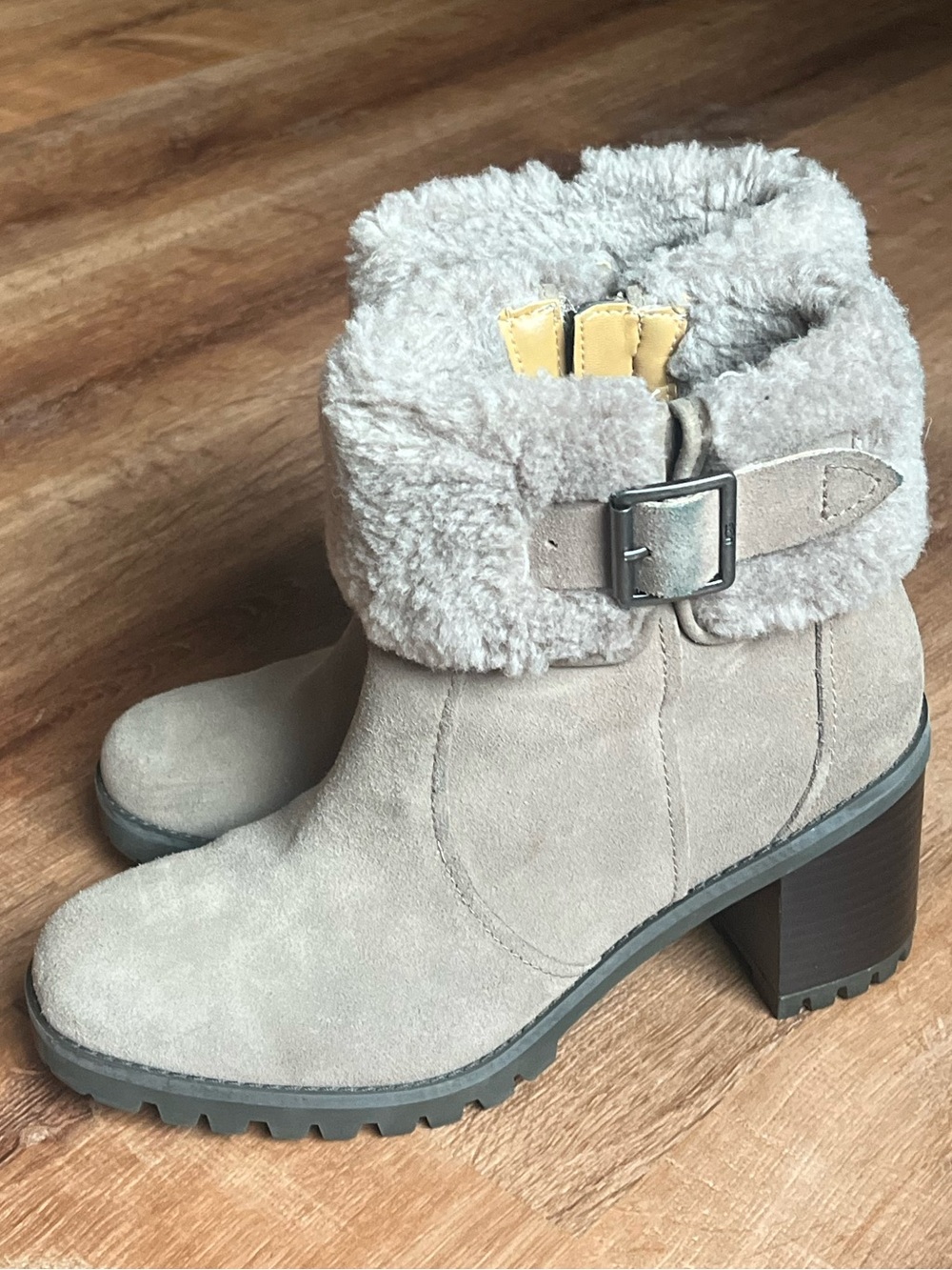 UGG Suede Shearling Cuff Heeled Ankle Boots Taupe Buckle Lug Sole